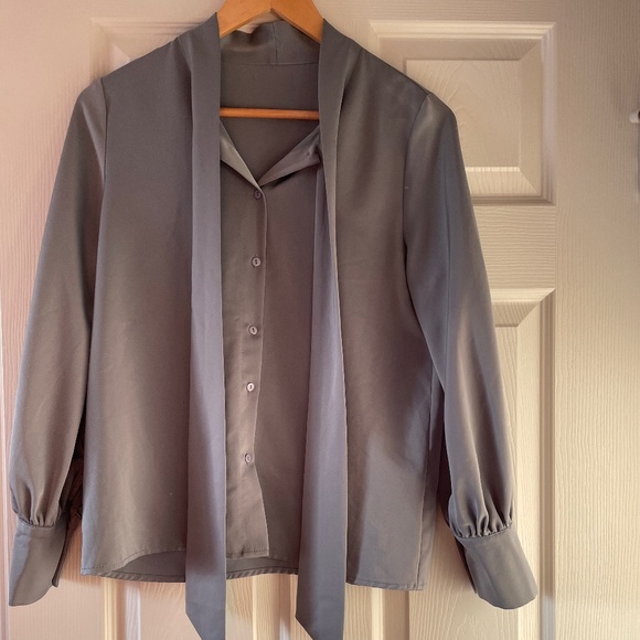 Satin grey blue button up blouse with tie - Picture 4 of 5